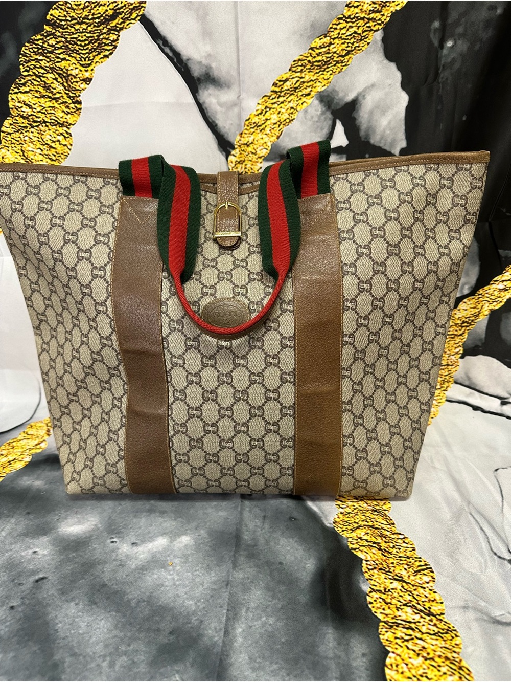 Gucci Beige GG Supreme Plus Canvas Tote with Brown Leather Trim